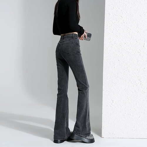 Черные демисезонные джинсы, штаны, леггинсы, универсальные длинные штаны-клёш, коллекция 2023, высокая талия