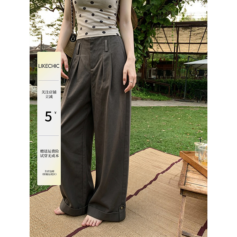 Gray-Green Casual Work Pants for Women, Summer High-Waisted Loose Wide-Leg Pants, Straight-Leg Lazy Style, Petite Long Pants Gray-Green Casual Work Pants for Women, Summer High-Waisted Loose Wide-Leg Pants, Straight-Leg Lazy Style, Petite Long Pants