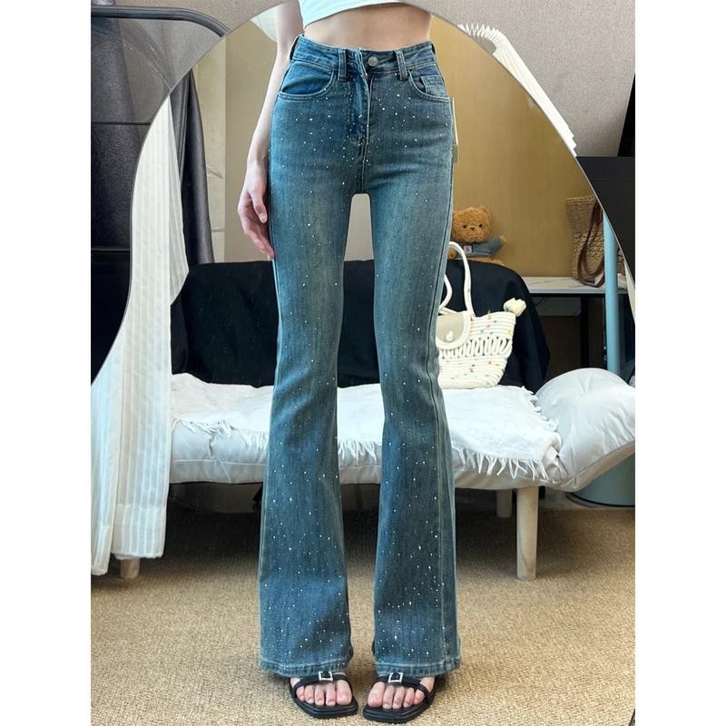 Flared Jeans with Rhinestones for Women, Summer Thin Style, Plus Size, High Waist, Slimming, Bell-Bottom Pants, Petite, Stretchy Bootcut Pants