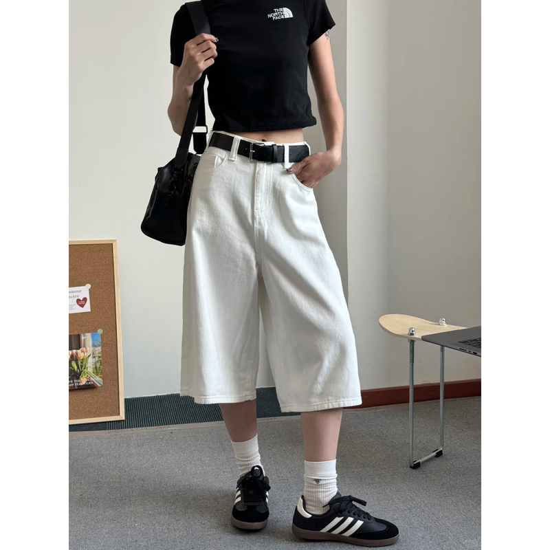 White Cropped Pants Plus Size for Women, Slimming Summer Thin Wide-Leg Jeans for Pear-Shaped Body, Six-Point Shorts