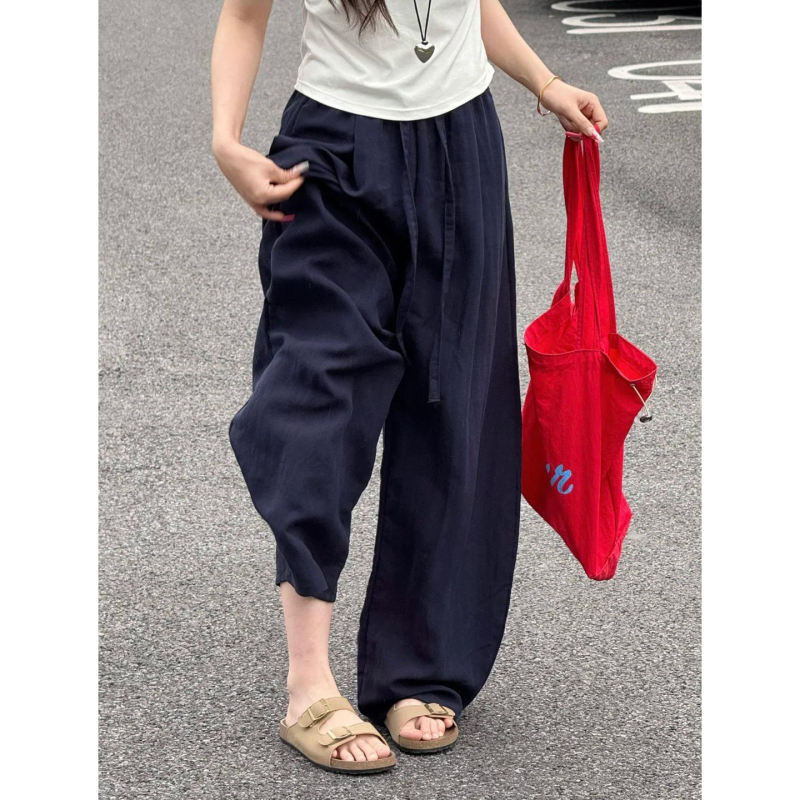 Linen Drape Wide-Leg Pants for Women, Summer Thin Style, Navy Blue Ice Silk Pants, Plus Size, Slimming Cotton-Linen Scimitar Pants