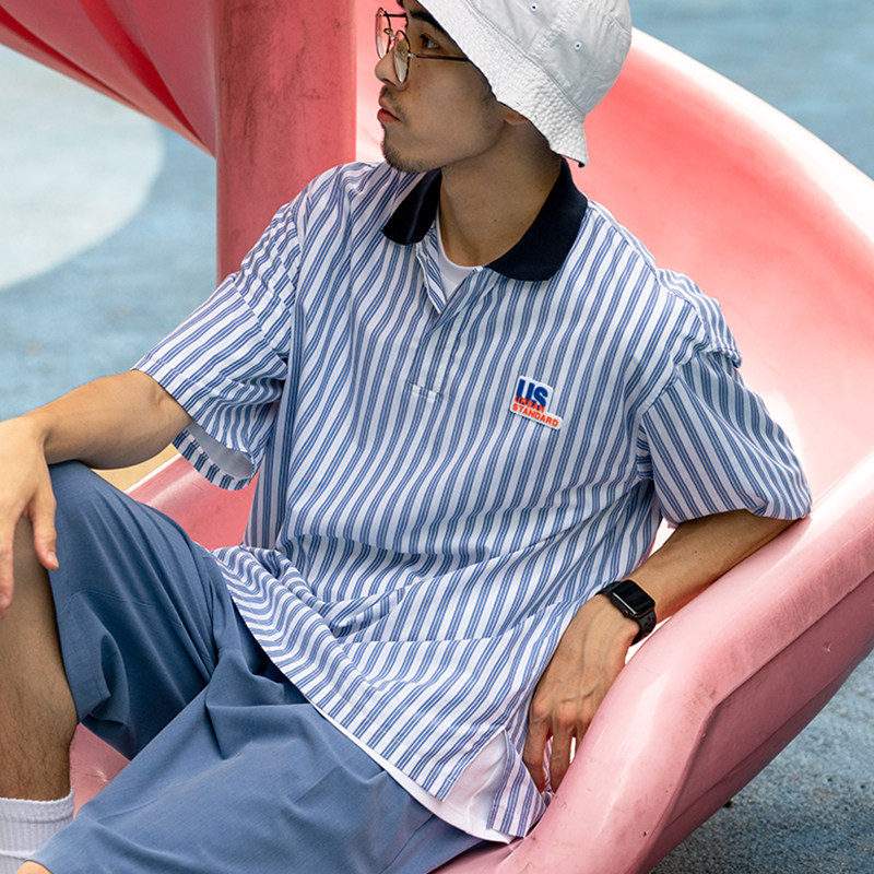 TurbanStandard Day Ensemble Striped Polo Shirts Men Summer Turn Collar Short Sleeve T-Shirt Loose Casual Boomer