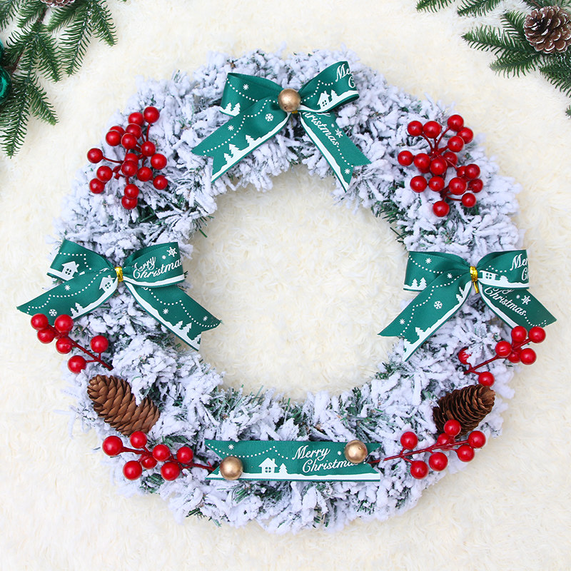 Christmas flocking wreath door hanging Christmas decorations white wreath pendant Christmas tree window arrangement for shopping malls