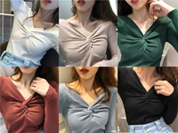 Mùa thu mới nữ retro chic gió màu rắn cổ chữ V chéo mỏng Slim áo len dài tay mỏng áo len cao cổ