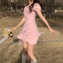 Temperament collection waist round neckline drawing rope folds short sleeves dress first love nepotism nepotism dress follicle with short skirts spring dress women
