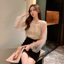 Spring and summer new coat net yarn round neck base long sleeve chiffon Korean wave point lace shirt fashion foreign womens