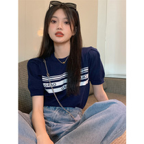 Spring Clothing Sleeve Head Round Neckline with short sleeves striped letter Knitted Sweatshirt Student Han Edition Small Crowd Design Feel T-shirt Blouse