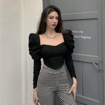 Short Paragraph Long sleeves Collar Bottom Shirt Woman Fall Design Sensation Small Crowd 2022 New Bubble Cuff Black Blouse