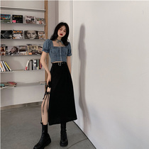 Student ins Cowboy shorts Short-of-the-body Rear Side Collar Lacing T-shirt Woman Spring Dress Zipped Zipper Bubble Cuff Design Sensation Blouse