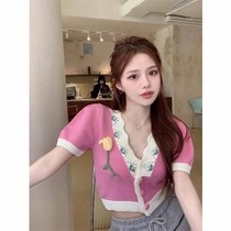 Embroidered solid flower v collar short sleeve knit cardiovert Korean version parquet button small fragrant wind sweater jacket spring dress lady