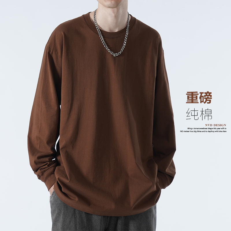 Heavyweight 260g Long-Sleeve T-Shirt for Men, Pure Cotton, Loose Fit, Spring and Autumn Style Sweatshirt, Large Size, Solid Color, White, Inner Layer Base Shirt