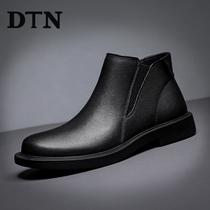 DTN autumn and winter leather boots mens Chelsea leather mens boots plus velvet warm British Martin all-match Korean trend