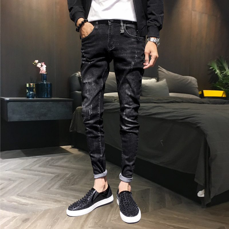 Tide brand Spring and Autumn Men's Jeans Korean version slim small foot hole plus fleece thickened versatile cropped pants trend