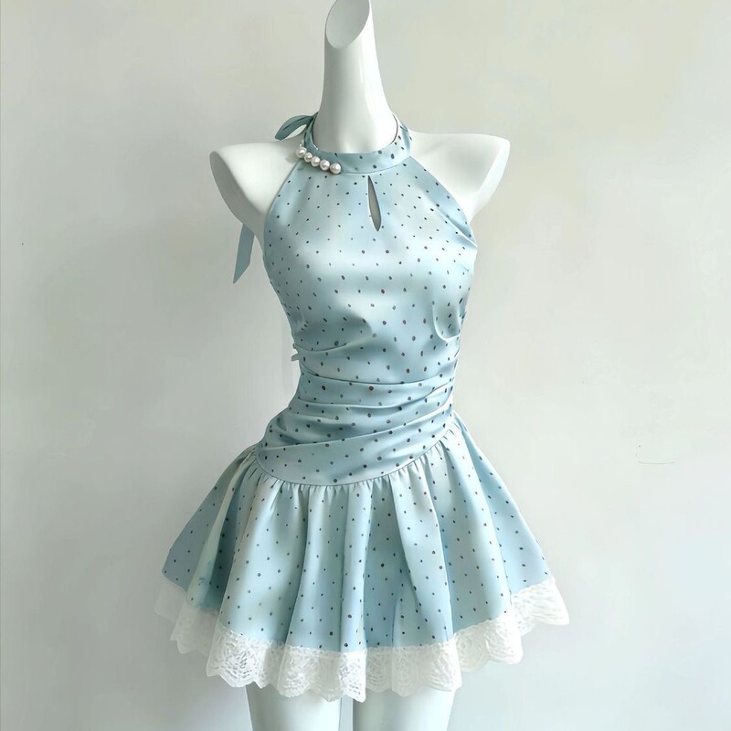 【Mist Blue Chronicle】Vintage Pure Desire Thin Green Halter Dress Summer Style Waist-Cinching Lace Patchwork Short Dress