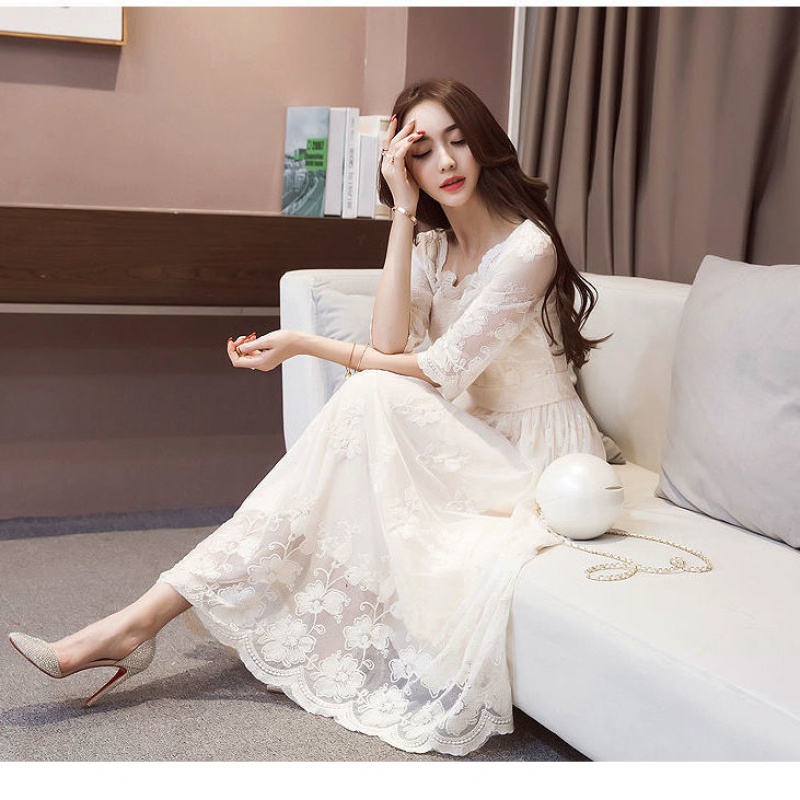 Lace Long Skirt Woman 2021 Summer dress new dress Body Temperament Retro Gentle Super Fairy in a long version of the dress