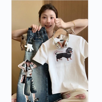American-Style Spicy Girl Letter Print Short-Sleeve T-Shirt for Women, Summer High Street Slim-Fit Wide-Leg Cropped Denim Pants Two-Piece Set