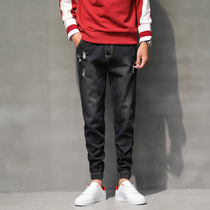 Clara LEE joint fashion brand spring and autumn jeans mens drawstring pants Slim-fit small feet with holes in tooling trousers