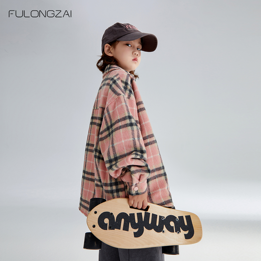 FULONGZAI 親子子供服 2024 秋冬新スタイル中大型子供ルーズ子供チェック柄シャツ男の子と女の子