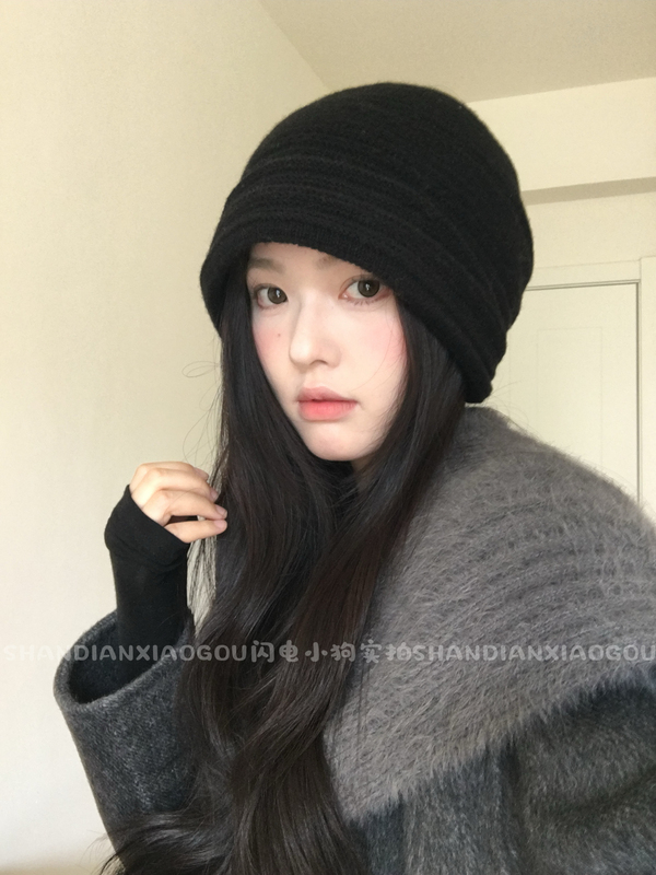 Wool Versatile Rolled-Brimmed Beanie* Hat Brimless Knit Hat Autumn and Winter Single-Layer Knit Winter Pleated