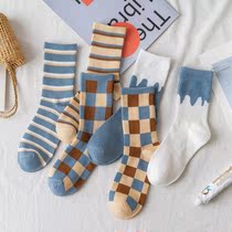  Zhuji Binjiang Knitting Factory 20 autumn and winter new blue plaid socks female ins tide retro street mid-tube socks