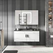 Household solid wood bathroom cabinet combination Small apartment bathroom mirror cabinet Wash table sink sink Face rock plate one-piece basin