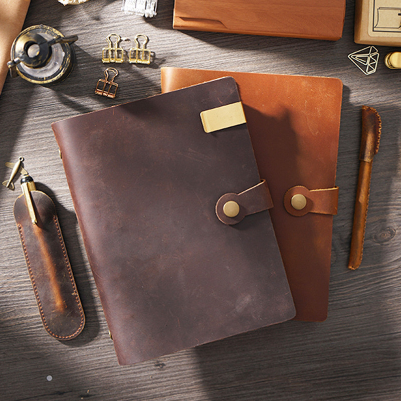 A5 Vintage Leather Loose-Leaf Notebook Handmade 6-Hole Buckle Notepad Business Genuine Leather Lined Grid Blank Notebook