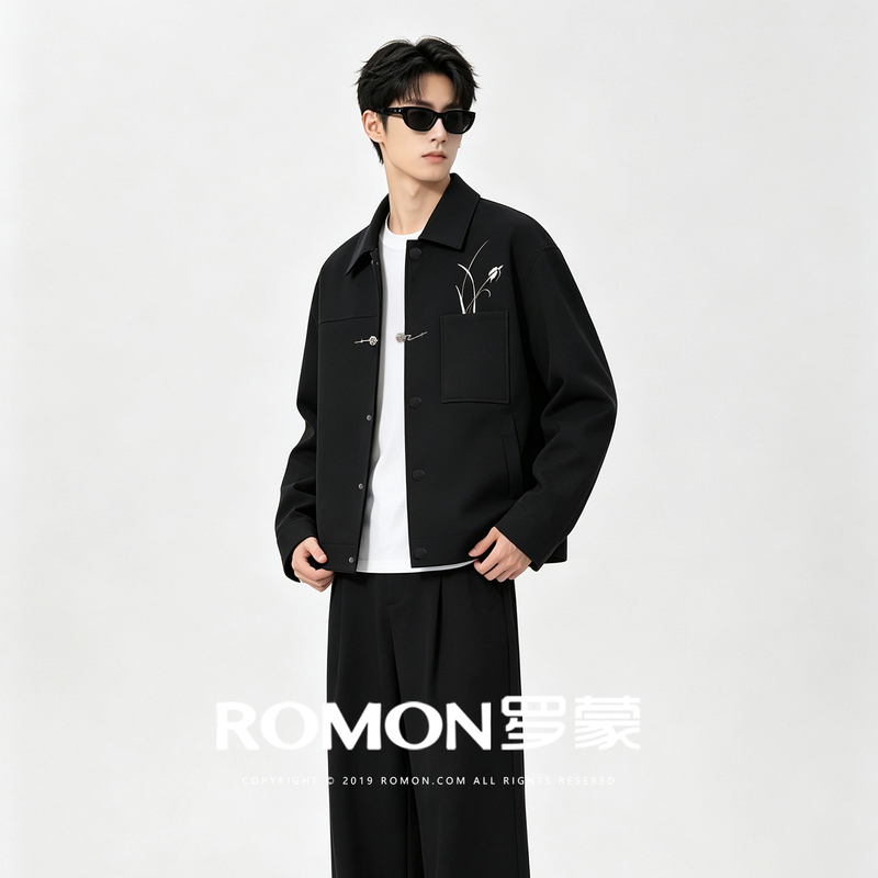 Romon's New Autumn Light Business Embroidered Button-Up New Chinese-Style Jacket for Men with a Versatile Lapel, Formal Suit Jacket Romon's New Autumn Light Business Embroidered Button-Up New Chinese-Style Jacket for Men with a Versatile Lapel, Formal Suit Jacket