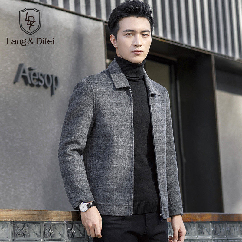 Autumn-winter business casual male short jacket wool double face Son Big Coat Middle Aged Plaid turned over cashless jacket