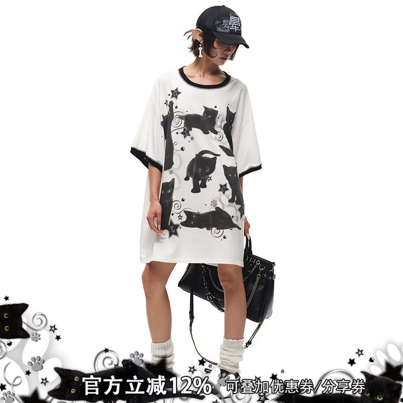 Cfierce Black Cat Print Oversized T-Shirt