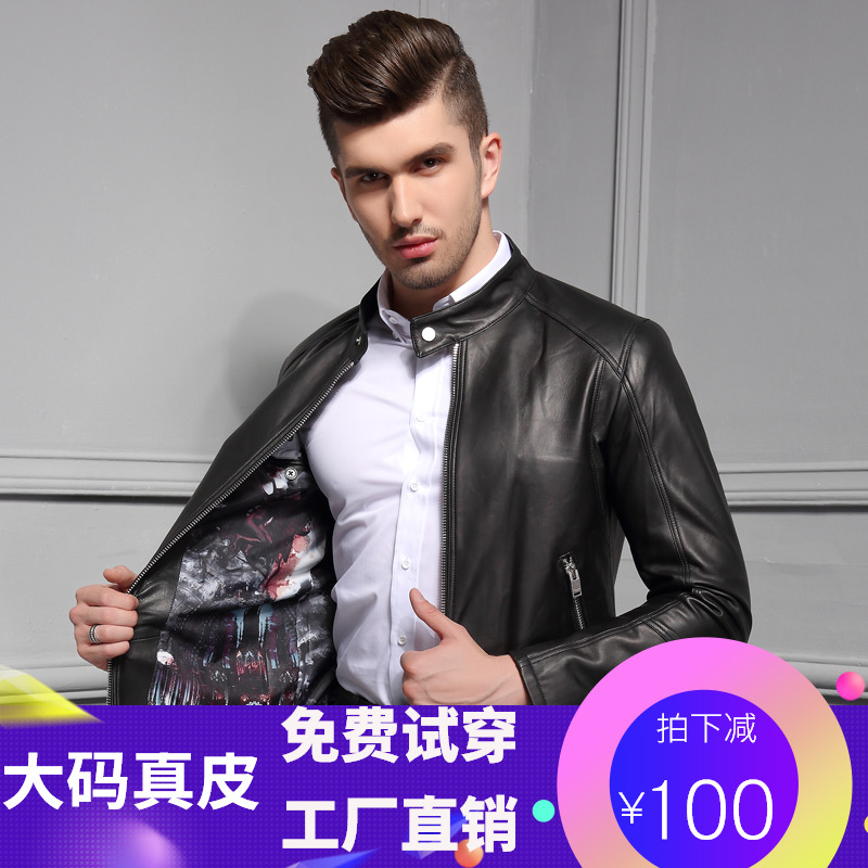 Large size Haining leather leather jacket men's short motorcycle leather jacket thin sheepskin stand-up collar plus fat plus large single layer leather jacket