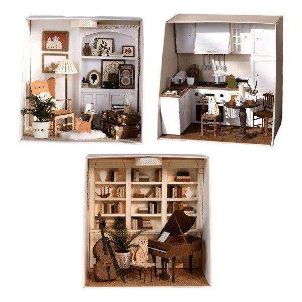 Wooden Miniature Doll House W LED Light Furniture Set 3D