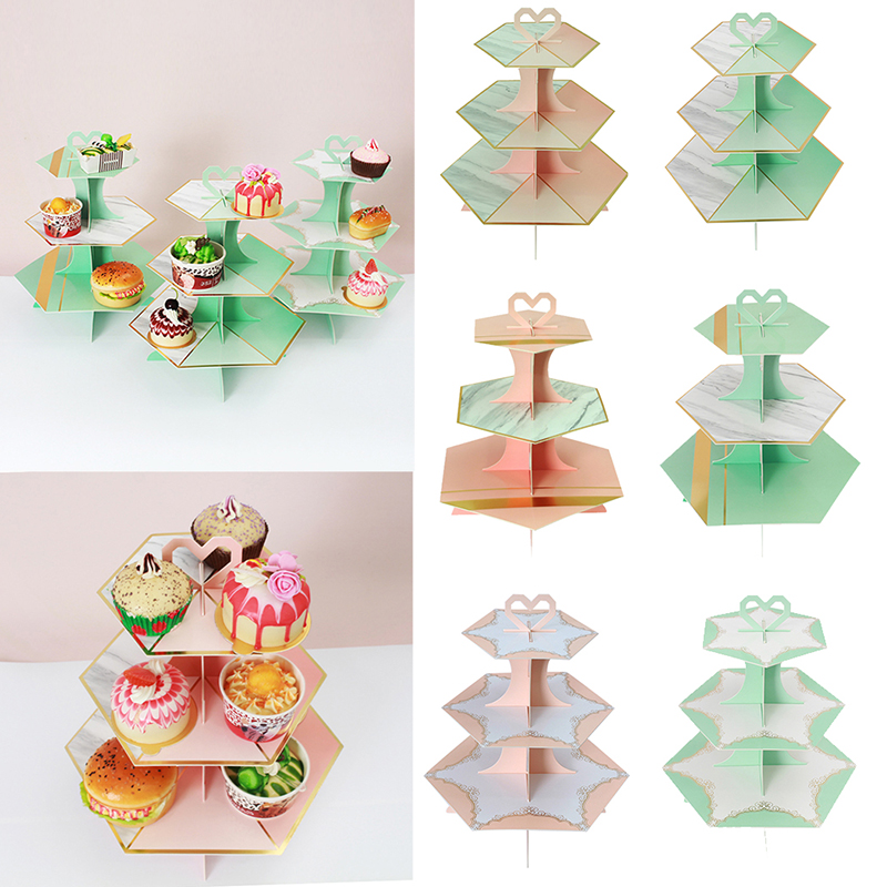 3-Tier Cupcake Stand Paper Hexagon Cake Display Tray Marble