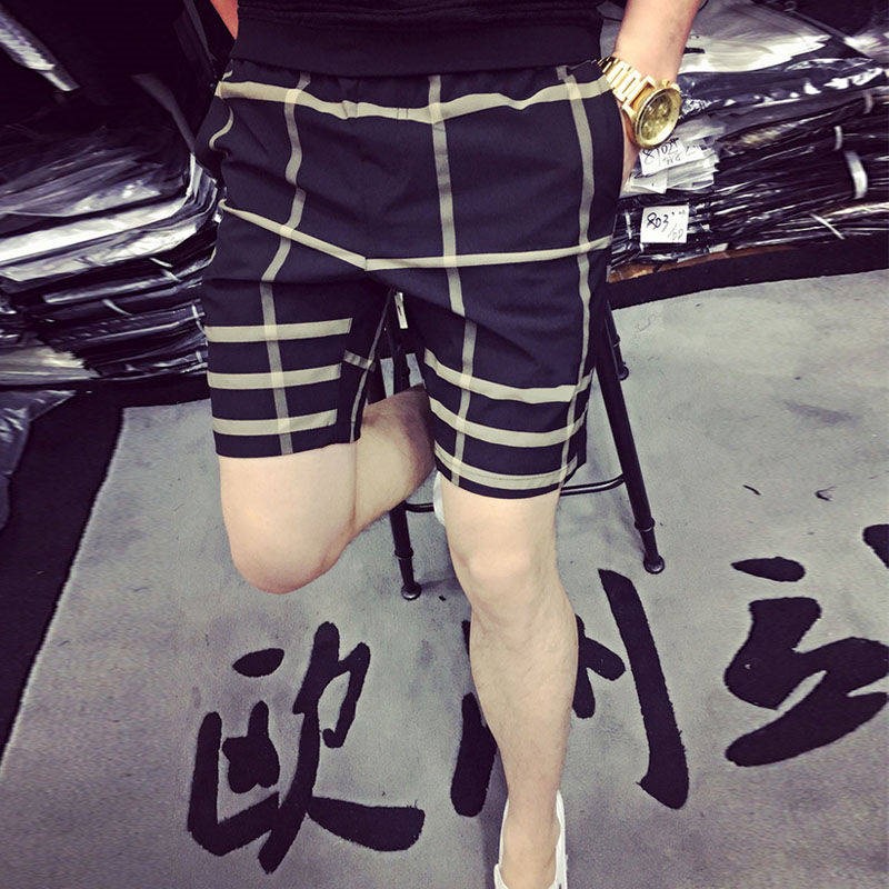 Summer new high-end elastic Fashion sashimi Striped Plaid Shorts 50% Pants Tightness Lace Casual Men's Pants Trend