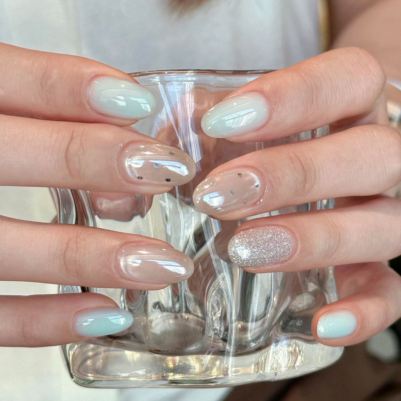 Blue Short Press-On Nails Summer Mint Mambo Cat Eye Handmade Nail Art 2026 New Style High-End Korean Style Ins