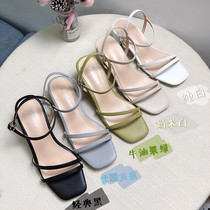 2022 coarse heel cingulum Luling sandals womens square head heel genuine leather women shoes black everyday comfort short heel