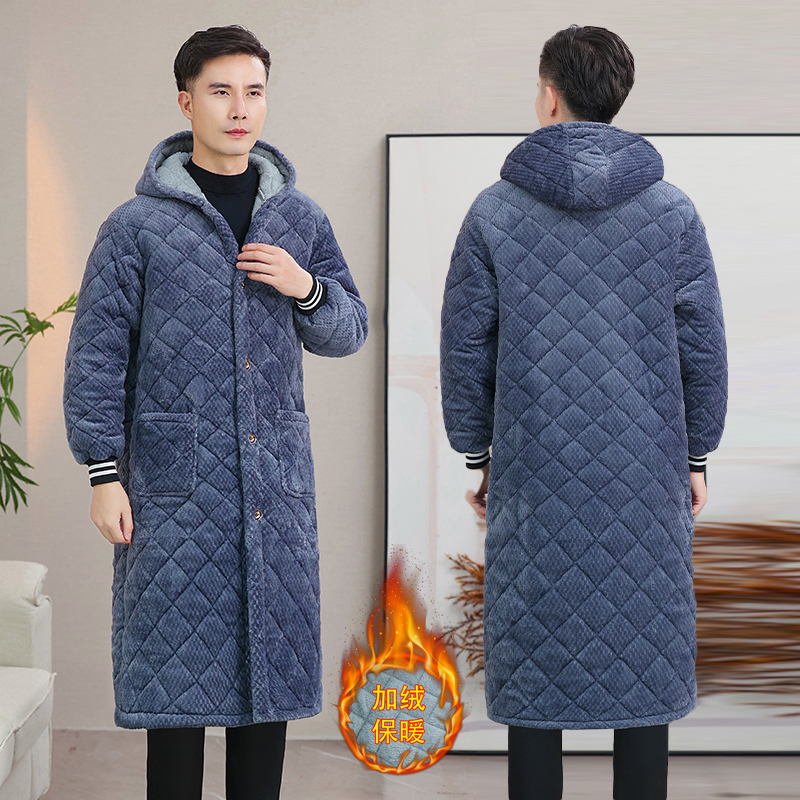Winter Warm Men's Fleece-Lined Thick Cotton Coat Casual Overcoat Extended Over-The-Knee Smock Workwear Loungewear Cotton Clothing