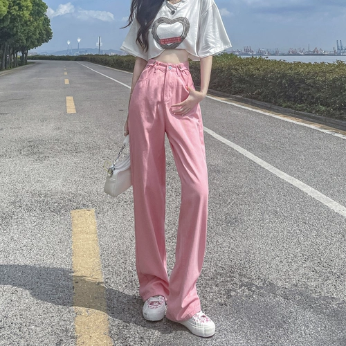 Розовые джинсы, летние тонкие штаны, свободный прямой крой, оверсайз, высокая талия