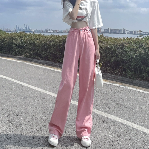 Розовые джинсы, летние тонкие штаны, свободный прямой крой, оверсайз, высокая талия