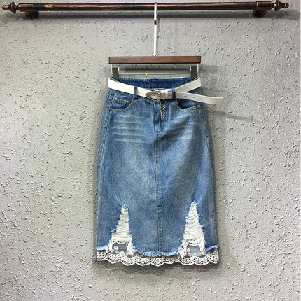 牛仔半身裙新款2018春夏韩版修身蕾丝拼接破