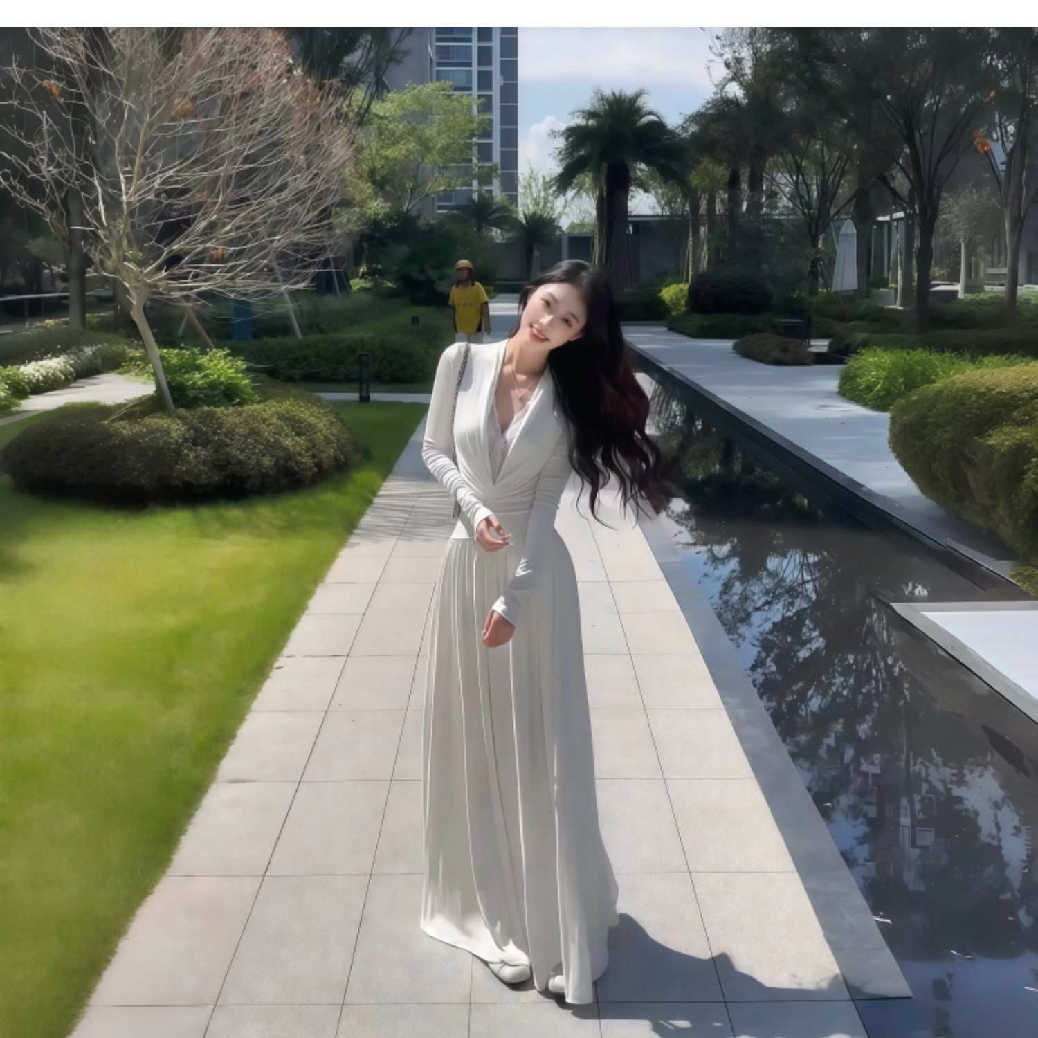 instahot 순수한 욕망 깊은 v 품격 데이트 화이트 여성 드레스 2026 봄 새로운 연회 레이스 드레스 상세 이미지 4