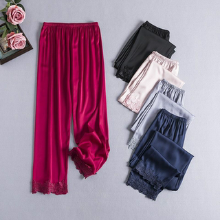 Women's Casual Ice Silk Pajama Pants, Autumn Long Pants, Loose Thin Lace Nine-Point Anti-Mosquito Air-Conditioned Home Pants, Can Be Worn Outside