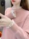 New Autumn and Winter Style Half-Turtleneck Fleece-Lined Thick Sweater for Women, Lace Splicing Base Shirt, Loose Fit with Knee Protection Health Ring