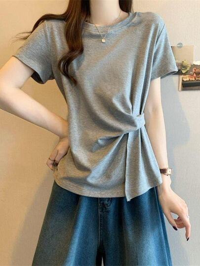 Plus Size Asymmetrical Design Short-Sleeved T-Shirt for Women Spring and Summer 2025 New Style Loose and Slimming Fashionable Outer Wear Two-Piece Set