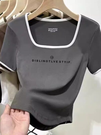 New U-Neck Collarbone Short-Sleeve T-Shirt for Women, Summer Sweet and Spicy Style, Unique Design, Color-Blocking, Regular Shoulder, Short Length, Stylish