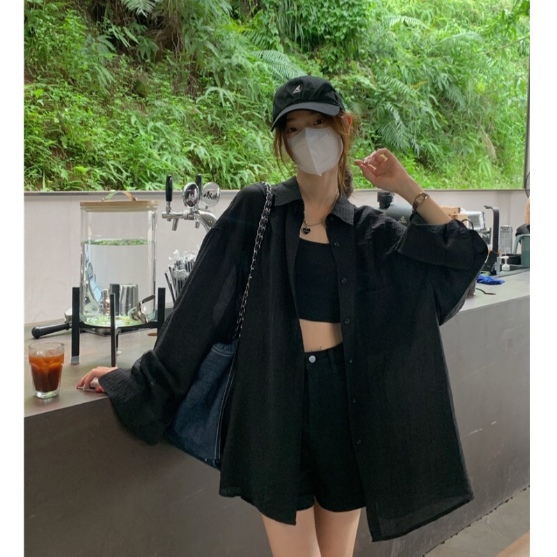 Korean Style Lazy Black Sun Protection Shirt Women's Top 2026 New Loose Tencel Shirt Cardigan Thin Jacket Korean Style Lazy Black Sun Protection Shirt Women's Top 2026 New Loose Tencel Shirt Cardigan Thin Jacket