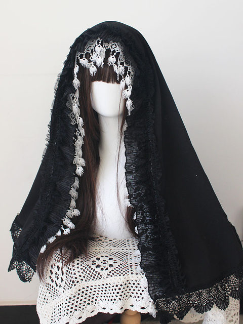 ຕົ້ນສະບັບ handmade lolita dress dark nun headscarf gorgeous lace ສີດໍາແລະສີຂາວ shawl bonnet headband COS