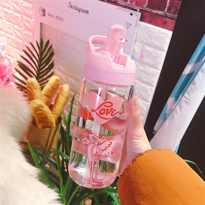 Korea Original Juku Cartoon Glass Cup Creative Girl Hearts Pink Hand Portable Accompanying Cup Students Straw Cup Teacup