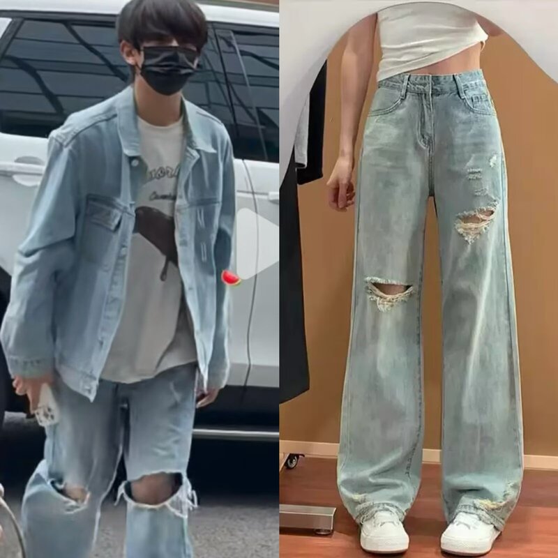 Tf Family Fourth Generation Chen Junming's Same Style Jeans, Ripped, Washed, Distressed, Versatile for Summer, Slimming, Wide-Leg Straight Pants Tf Family Fourth Generation Chen Junming's Same Style Jeans, Ripped, Washed, Distressed, Versatile for Summer, Slimming, Wide-Leg Straight Pants