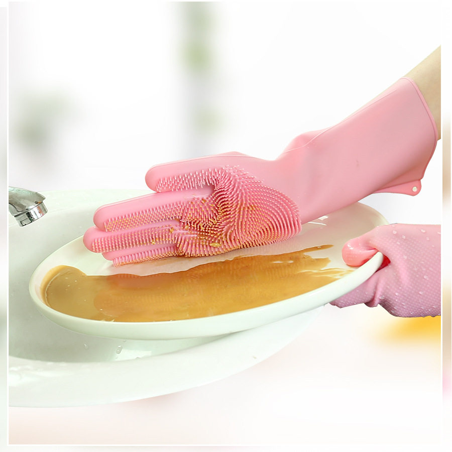 Silicone dishwashing gloves dishwashing brush domestic gloves anti-slip heat insulation abrasion resistant kitchen gloves dishketer thickened