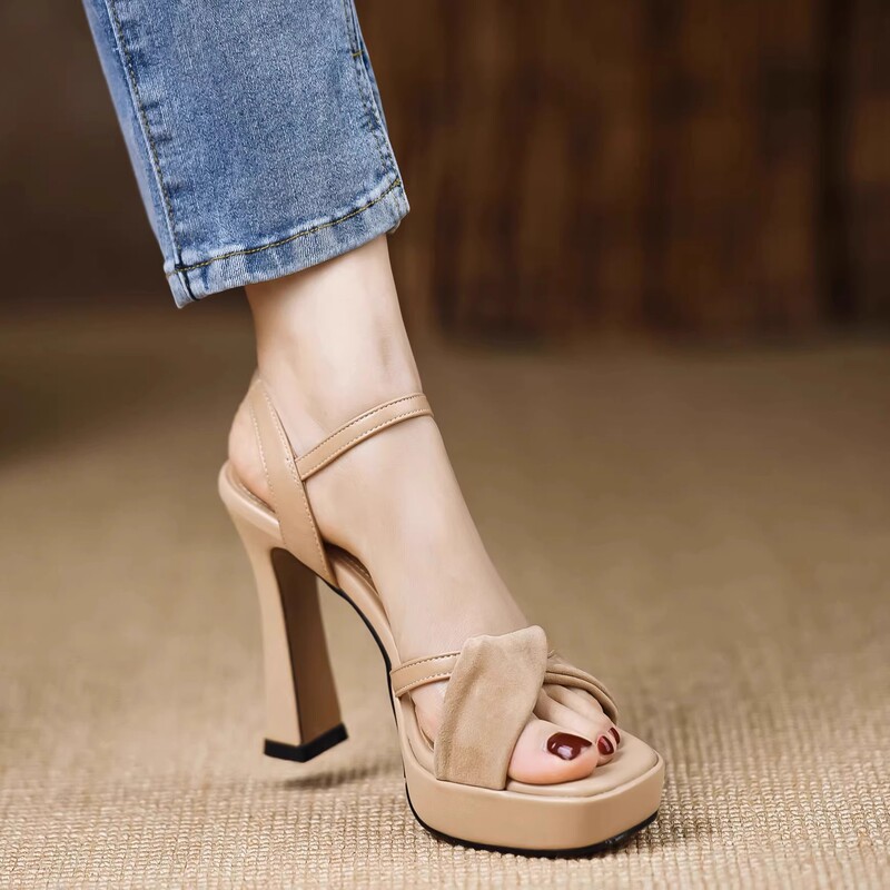 Genuine Leather Handmade Shoes 11cm 2025 New Fashion Waterproof Platform Chunky Heel High Heels European and American Summer Sandals for Women in Apricot Color